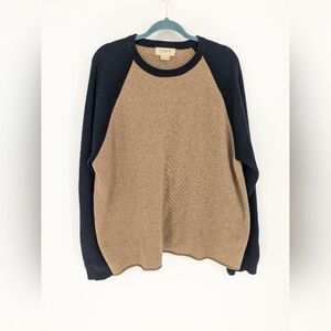J. Crew Mens XL Sweater Lambswool Tan Navy Raglan Sleeve Crewneck Pullover